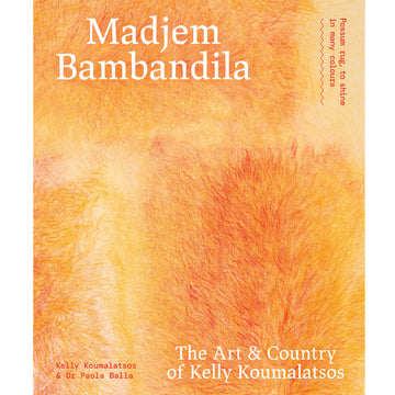 'Madjem Bambandila' book cover featuring an orange background with painted textures of fur.