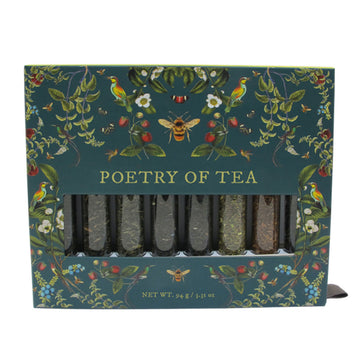 Pack of tea with 'Poetry of Tea' branding on a decorative box showing a glass tubes of tea inside.
