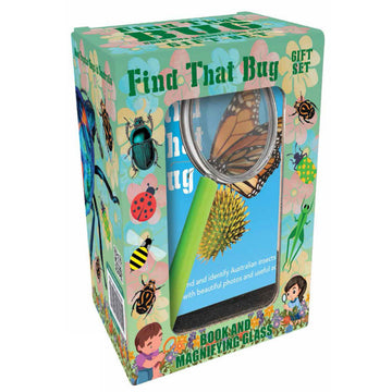 'Find that Bug' gift set featuring a box illustrated with bugs and flowers and a clear window on the front showing a magnifying glass and book inside.