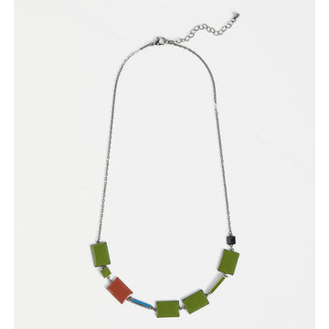 A necklace with assorted sizes of rectangle beads in blue, green and red.