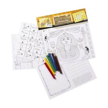 Colouring in pages of Tutankhamun and Egyptian hieroglyphics with coloured pencils.
