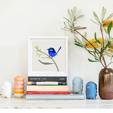 Illustration of a blue fairy wren bird on a branch with yellow wattle against a white background.