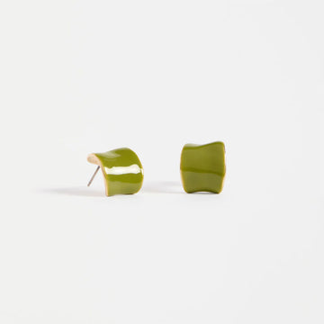 Pair of green small hoop earrings on a white background.