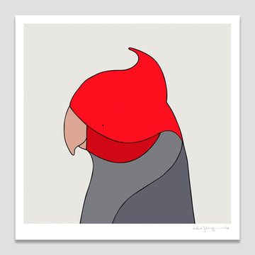 Abstract art print with a red and gray bird on a light gray background.