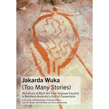 'Jakarda Wuka Too Many Stories' book cover featuring a drawing made from clay on a stone path.