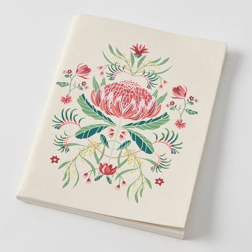 A notebook with an illustration of a waratah flower on the front.