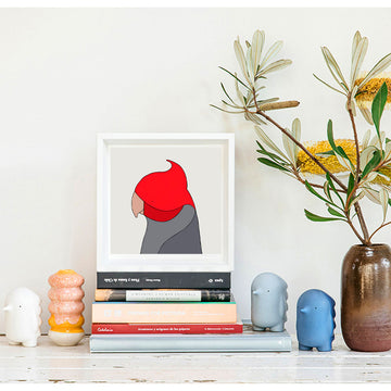 Abstract art print with a red and gray bird on a light gray background.