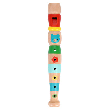 A wooden recorder painted with a blue bear's face and coloured flowers.
