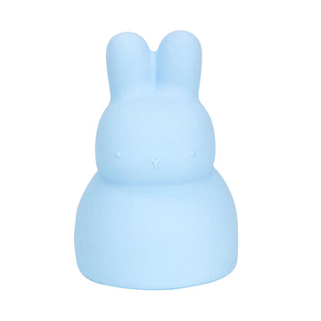 A blue silicone money bank in the shape of a bunny rabbit.
