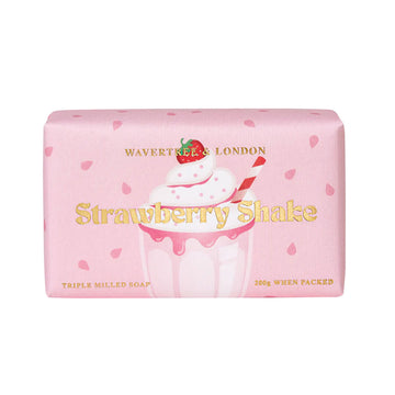 A rectangle bar of soap wrapped in pink packaging with the heading 'Strawberry Shake' with an illustration of a milkshake.