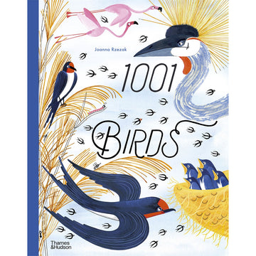 '1001 Birds' book cover featuring illustrations of various different birds including flamingos and an ostrich. 