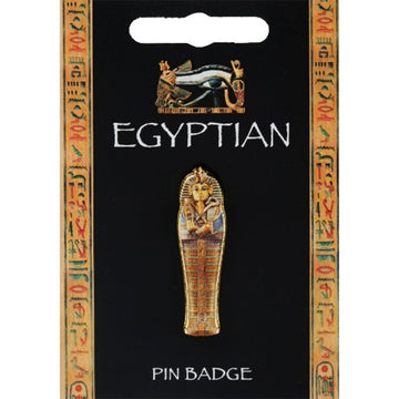 A badge shaped like Tutankhamun's Sarcophagus attached to a black card with a hieroglyphics border.
