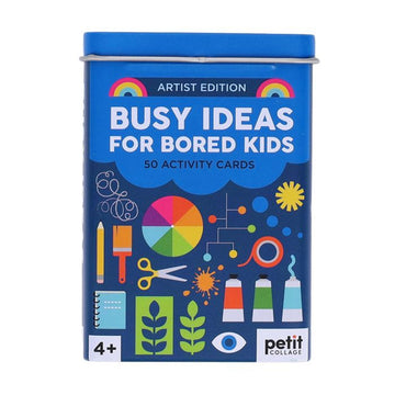 A blue tin titled 'Busy Ideas for Bored Kids' with illustrations of craft items including a colour wheel, paints, scissors and a pencil.