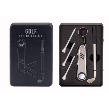 An open tin titled 'Golf Essentials Kit' showing a multi tool and a mini gold club with three tees inside.