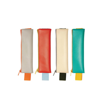 Four small narrow pencil cases in different colours attached to elastic.