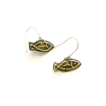 A pair of fish shaped drop earrings made from sterling silver.