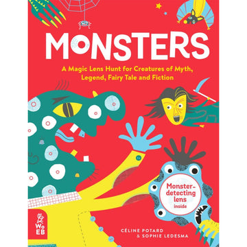 'Monsters' book cover featuring illustrations of different monsters on a red background.