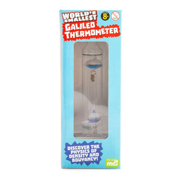 A Galileo thermometer inside a blue box with a window showing the product inside.