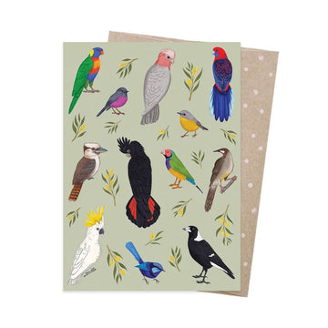 Card with illustrations of various birds on a light green background.