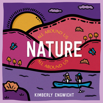 'Nature All Around Us' book cover featuring an illustration of two people in a row boat in purple water with red hills and the sun in the background.