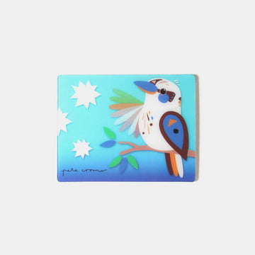 A rectangle magnet with a moving image of a kookaburra against a blue background.