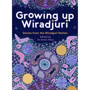 'Growing up Wiradjuri' book cover featuring an Indigenous drawing with boomerangs and circles in purple.