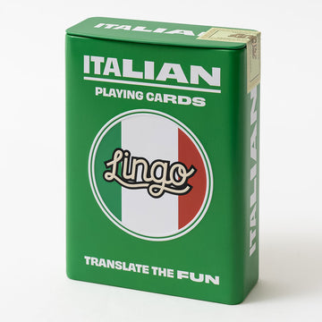 A green tin titled 'Italian Playing Cards' and the Italian flag behind the Lingo logo.