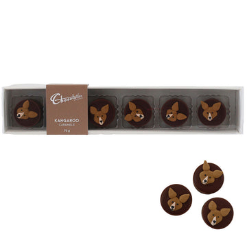 Box of kangaroo decorated caramels with a visible brand label on a white background.