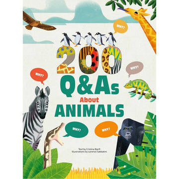 200 Q&As about Animals' book cover featuring illustrations of different animals including a zebra, gorilla, giraffe and penguins all asking 'Why?'.