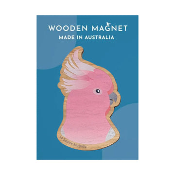 Wooden magnet of a pink galah on a blue background with text 'Wooden Magnet Made in Australia'.