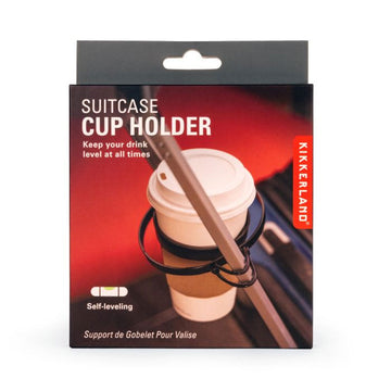 A box with the heading 'Suitcase Cup Holder' with a photo of a coffee cup attached to a black ring attached to the handle of a suitcase.