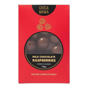 Box of ChocaMama milk chocolate raspberries on a white background.