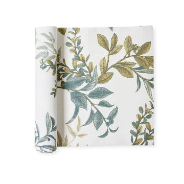 A white table runner rolled up and illustrated with green and blue leaves.