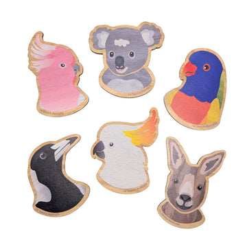 Wooden magnet shaped like a cockatoo on a blue background with 'Wooden Magnet Made in Australia' text.