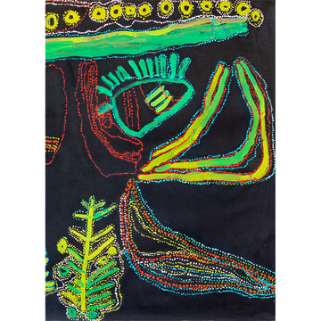 'Sun & Shadow Art of the Spinifex People' book cover featuring an Indigenous drawing on a black background.