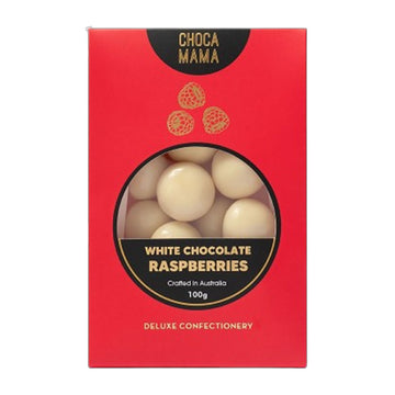 Red box of Chocamama white chocolate raspberries on a white background.