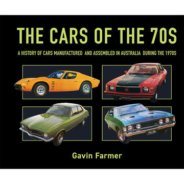 'The Cars of the 70s' book cover featuring photos of four different cars against a black background.