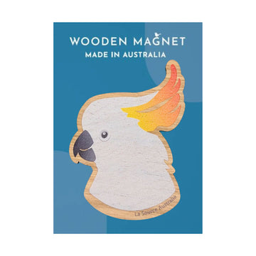 Wooden magnet shaped like a cockatoo on a blue background with 'Wooden Magnet Made in Australia' text.