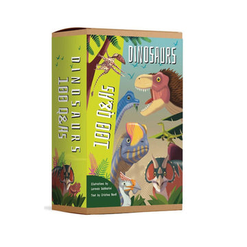 A box of cards titled '100 Q and As Dinosaurs' with illustrations of different dinosaurs.