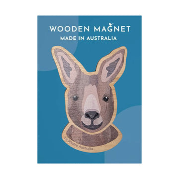 Wooden magnet of a kangaroo face with 'Made in Australia' text on a blue background.