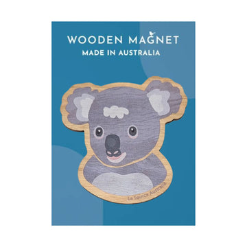 Wooden magnet shaped like a koala on a blue background with text 'Wooden Magnet Made in Australia'.