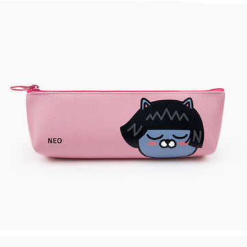 Pink pencil case with a cartoon character on a white background.