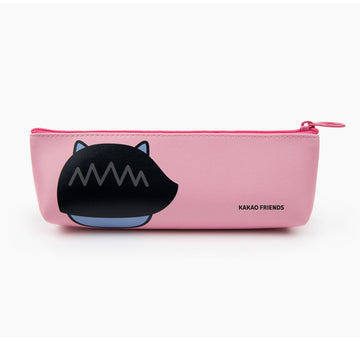 Pink pencil case with a cartoon character on a white background.