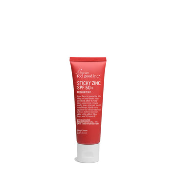 A red tube with white text written on it including the heading 'Sticky Zinc SPF 50+'.