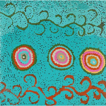 A square painting in blue with three coloured circles in the middle and a swirl above and below.