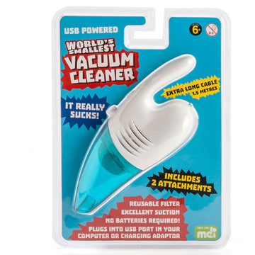 A small vacuum cleaner in clear packaging attached to a blue information backing.