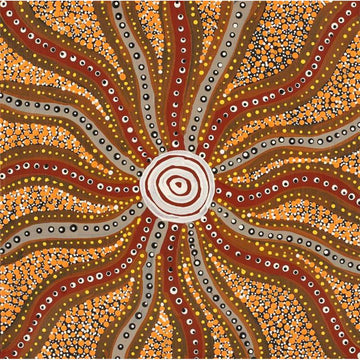 A square painting in brown with wavy lines meeting a white circle in the middle.