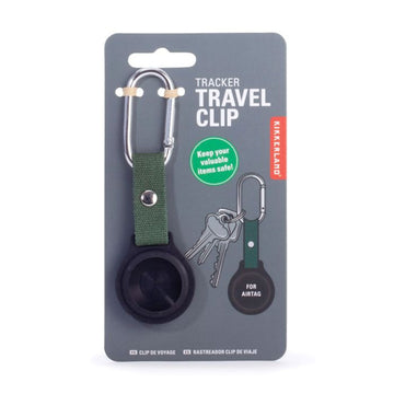 A travel clip attached to a card with an image of key attached to the travel clip and a spot for an airtag.