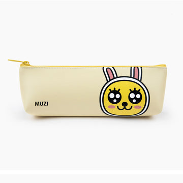 Pencil case with cartoon face design and 'MUZI' branding on a white background.