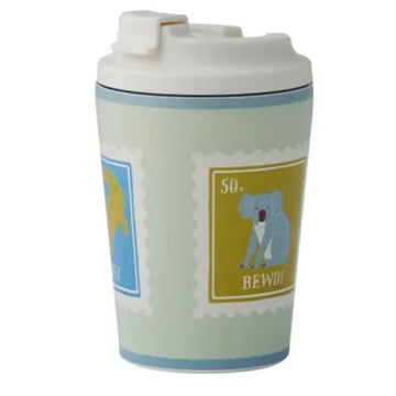 Travel mug with a design featuring a koala stamp and text on a white background.